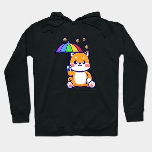 Cute Shiba Inu Dog With Umbrella In Gold Coin Rain Cartoon Hoodie